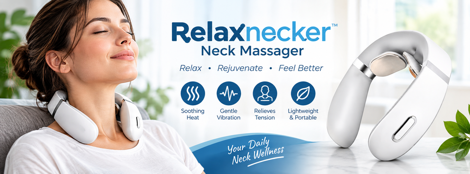 Relaxnecker Neck Massager promotional image showing the wearable white device, soothing heat, gentle vibration, and portable design